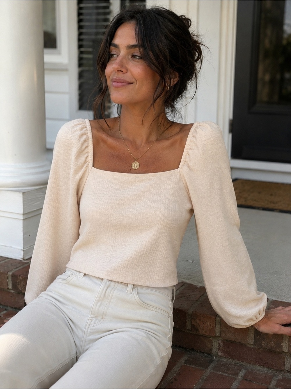 Madewell Cream Square Neck Puff Sleeve Textured Crepe Romantic Top S